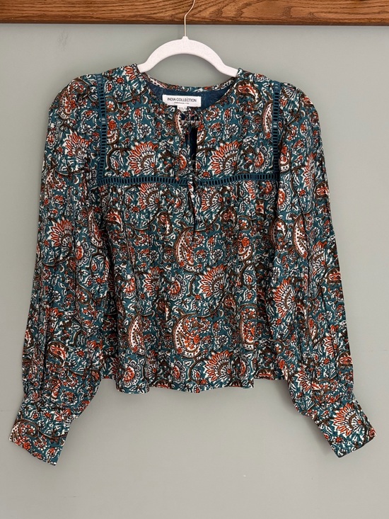 Emerson Fry Tops - Emerson Fry India Collection "Isla" 100% Silk Teal Rust Paisley Peasant Top